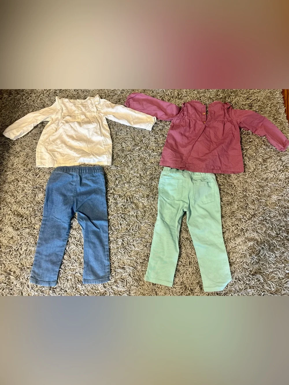 Carter's Mint Green Pants, Jeans, Mauve Top and White Long Sleeve Shirt